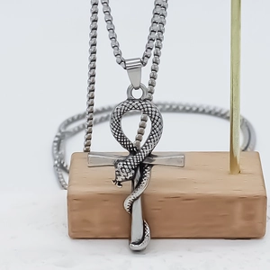 Stainless steel Ankh cross pendant with snake wrap on a square bead chain necklace