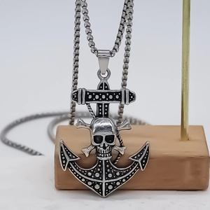 Men's punk anchor and skull pendant necklace in stainless steel with box chain link