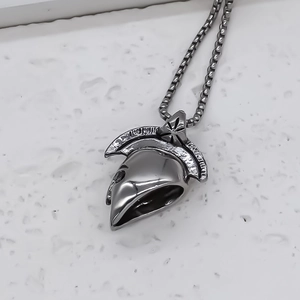 Retro spartan helmet pendant necklace with durable square link chain in dark gray metal