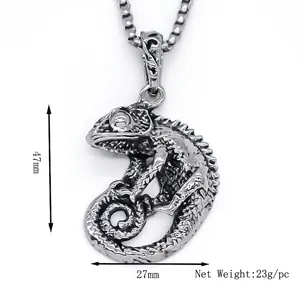 Retro punk chameleon pendant necklace in stainless steel with detailed lizard carving