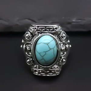 Bague Ouverte Réglable en Alliage Vintage avec Turquoise Style Ethnique Rétro Aigle Relief Hip Hop Punk Bague Pour Hommes Femmes