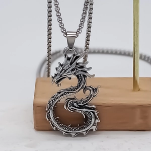 Silver dragon totem pendant necklace with vintage square box chain for men and women