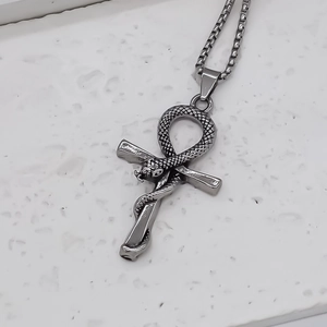 Silver stainless steel Ankh cross necklace with coiled snake pendant in retro street style