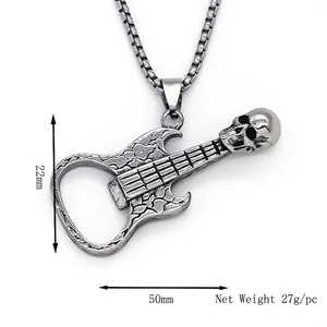 Collier pendentif guitare crâne gothique pour homme avec fonction ouvre-bouteille intégré