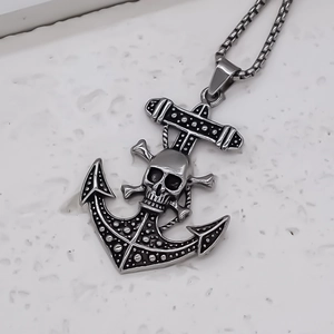 Men's retro stainless steel anchor and skull pendant with a stylish square box chain