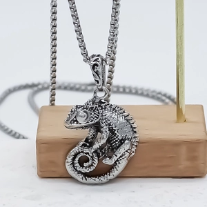 Punk style silver chameleon lizard pendant necklace with detailed scales and box chain