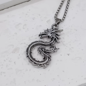 Retro stainless steel dragon totem pendant necklace with detailed scales on a square link chain