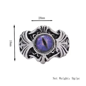Retro punk ring with purple evil eye stone and carved vintage alloy details