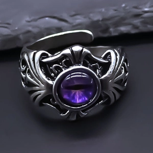 Gothic Punk Retro Evil Eye Ring For Men Women Antique Silver Alloy Purple Stone Adjustable Open Band Hip Hop Jewelry