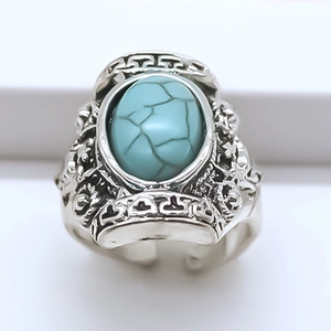 Bague punk vintage en alliage avec turquoise et motifs ethniques en relief réglable