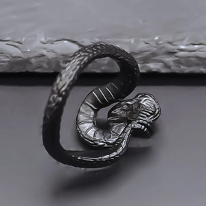 Vintage black snake ring with adjustable open design and detailed scale texture