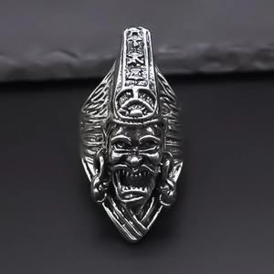 Men Retro Alloy Ring Mythological Figure Face Carved Gothic Punk Dominant Silver Tone Adjustable Open Finger Ring Jewelry