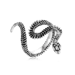 Detailed close-up of retro silver snake ring showing scale texture and vintage finish