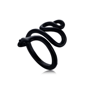 Detailed macro view of matte black snake ring with punk gothic cobra head design