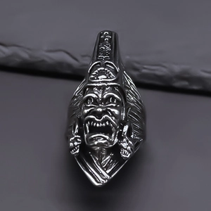 Vintage gothic men's ring with character face carving in black and silver finish