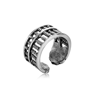 Detailed side view of vintage silver abacus ring featuring triple row beads and open band