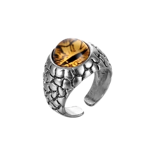 Gothic punk dragon scale ring with amber dragon eye center and adjustable silver band