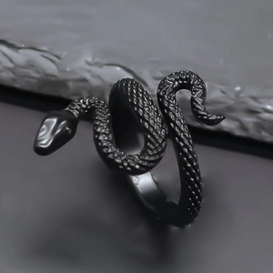 Retro black snake wrap ring with detailed scale textures in a matte finish for men