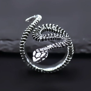 Detailed macro view of a vintage silver snake bone ring with intricate skeletal texture