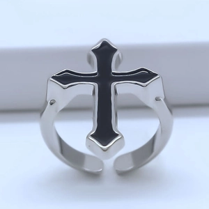 Trendy silver adjustable cross ring with black enamel punk gothic religious style
