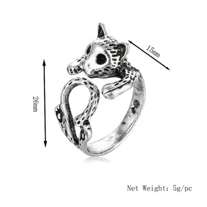 Vintage leopard animal ring in silver finish with black enamel leopard spots