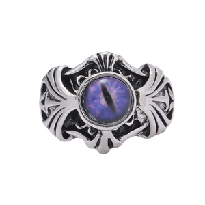 Gothic retro silver ring with purple devil's eye stone and ornate scrollwork patterns