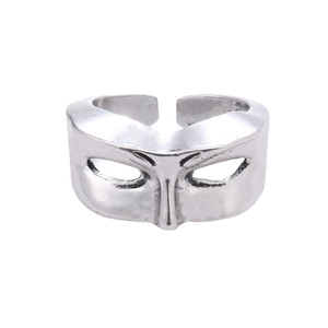 Vintage silver mask open ring with adjustable band in retro punk aesthetic