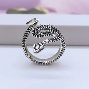 Detailed view of the oxidized silver snake-shaped ring with skeletal texture and bone design