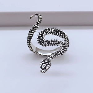 Close-up of vintage silver snake ring showing intricate scale textures and antique finish