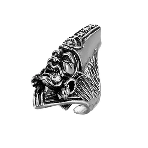 Vintage silver alloy men's ring with mythical relief and lucky symbols from a 45-degree angle