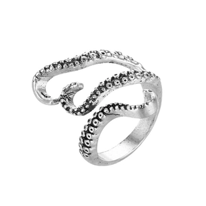 Retro octopus tentacle open ring in vintage silver finish with detailed sucker texture