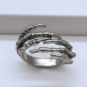 Detailed view of silver gothic ring featuring a unique dragon claw punk style design