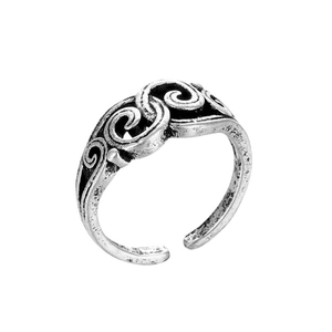 Vintage oxidized silver adjustable ring with bohemian spiral pattern on white background