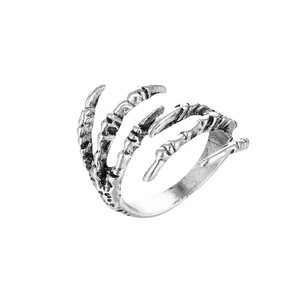 Gothic punk style skeleton claw ring in antique silver finish with open adjustable design