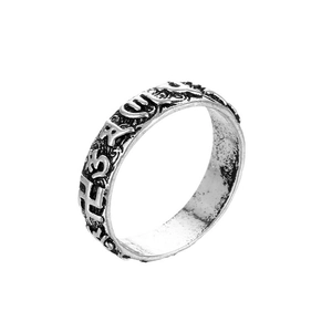 Vintage silver-plated wide band ring with embossed religious symbols and matte finish