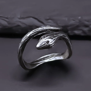 Vintage snake shaped wrap ring in aged dark silver finish with detailed scale texture