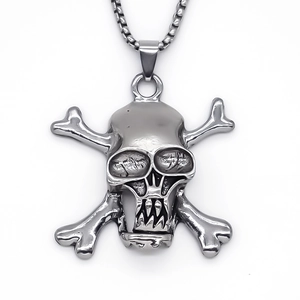 Close-up of gothic skull and crossbones pendant with box chain in vintage steel finish