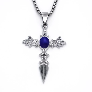 Gothic bat wing cross necklace detail with deep blue oval stone on silver chain