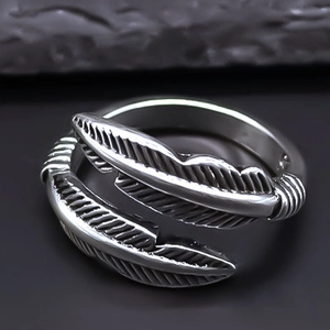 Vintage Alloy Feather Open Ring For Men Women Retro Adjustable Silver Color Street Fashion Jewelry Punk Style Finger Ring