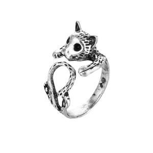Adjustable vintage silver cat ring with leopard spots and open wrap design for women