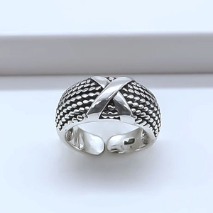 Polished X-shape open ring with vintage textured weave pattern in silver finish