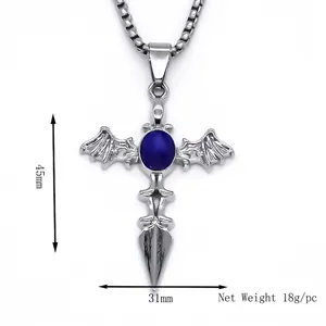 Retro cross pendant necklace with blue gemstone and bat wings, 45mm by 31mm size detail