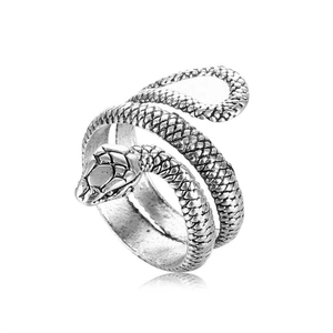 Detail view of vintage snake ring showing intricate scales and antique silver texture