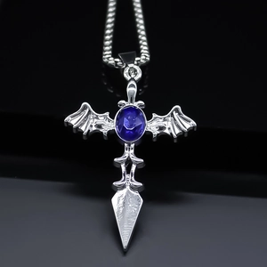 Gothic Bat Wing Cross Pendant Necklace Retro Silver Alloy Blue Rhinestone Hip Hop Individual Jewelry For Men Women Gift