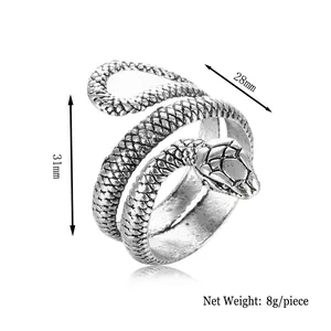 Retro snake wrap ring in silver finish with detailed scale texture and dimensions