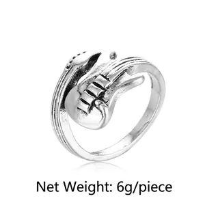 Vintage silver guitar shaped open ring for men and women, 23mm height, 6g weight