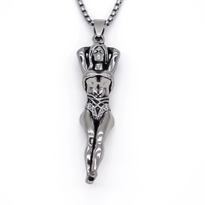 Pendentif vintage héroïne argentée avec chaîne boîte, collier long en acier pour femmes