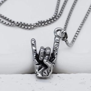 Retro silver hip-hop hand gesture pendant on a fine box chain with vintage finish