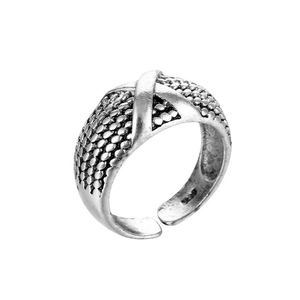Vintage silver X-shaped ring with textured dot pattern and adjustable open band