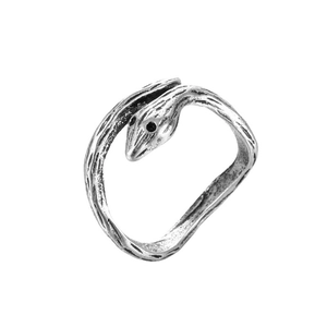Vintage silver snake ring with textured scales and retro gothic aesthetic on white background
